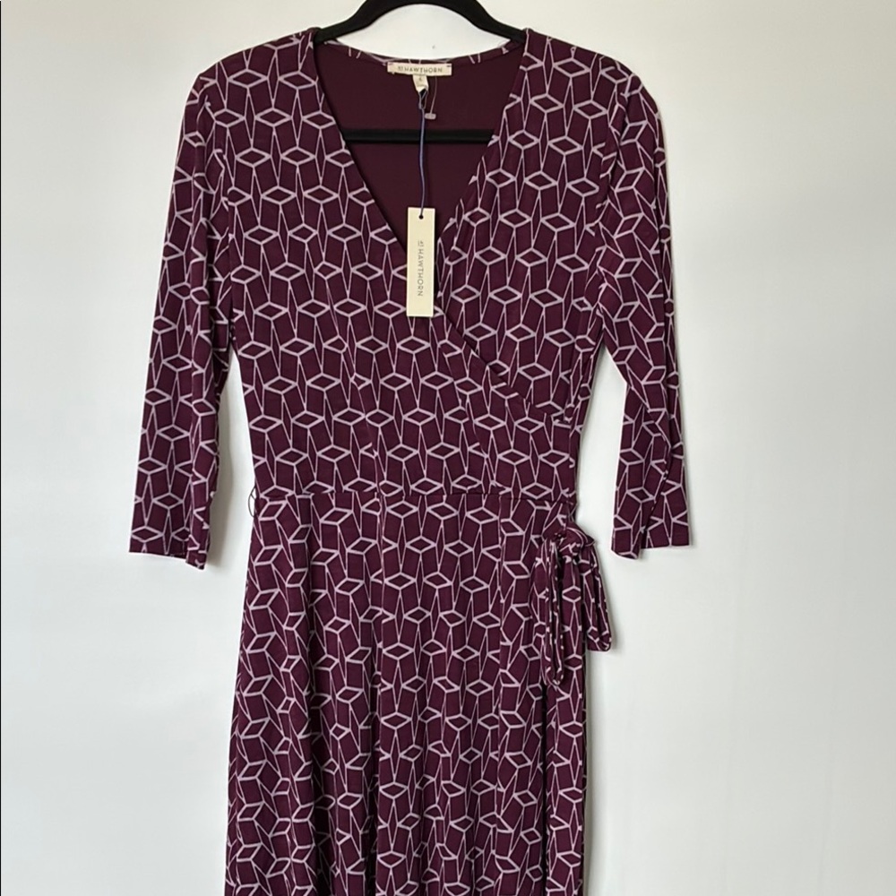 41 Hawthorn Plum Purple & Gray Geometric Faux Wrap Dress with Belt